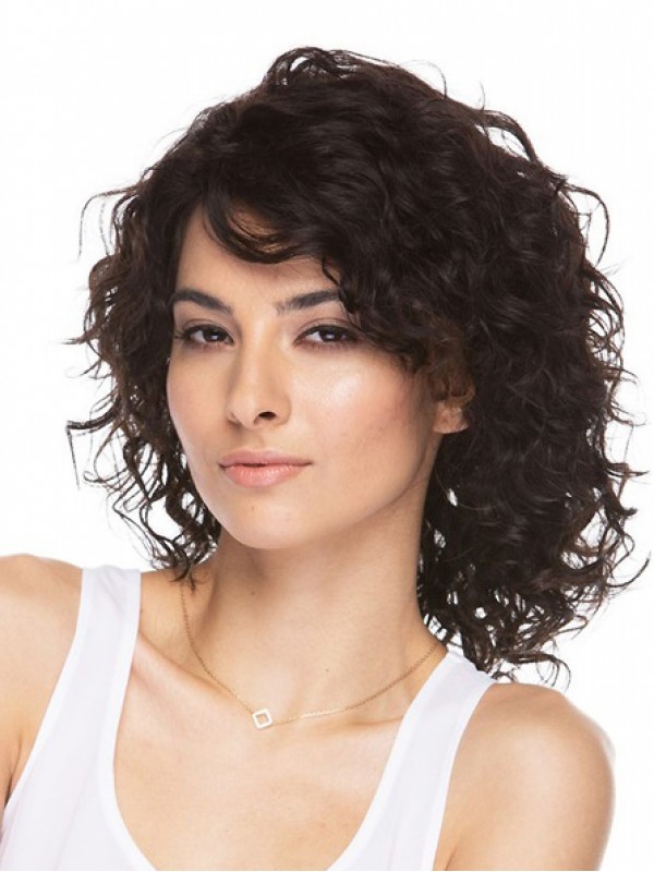 Brown Curly Medium Capless Human Hair Wigs 14 Inches