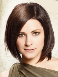 Bob Style Short Lace Front Brown Straight Remy Human Wigs With Side Bangs 12 Inches