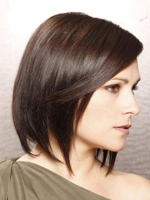 Bob Style Short Lace Front Brown Straight Remy Human Wigs With Side Bangs 12 Inches