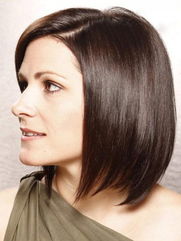 Bob Style Short Lace Front Brown Straight Remy Human Wigs With Side Bangs 12 Inches