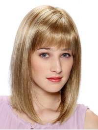 Monofilament Medium Blonde Straight Human Hair Wigs With Bangs 14 Inches