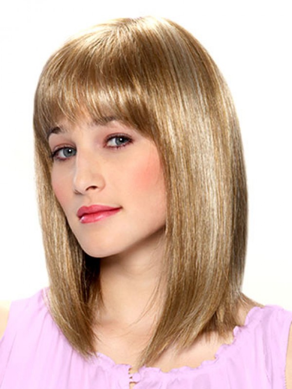 Monofilament Medium Blonde Straight Human Hair Wigs With Bangs 14 Inches