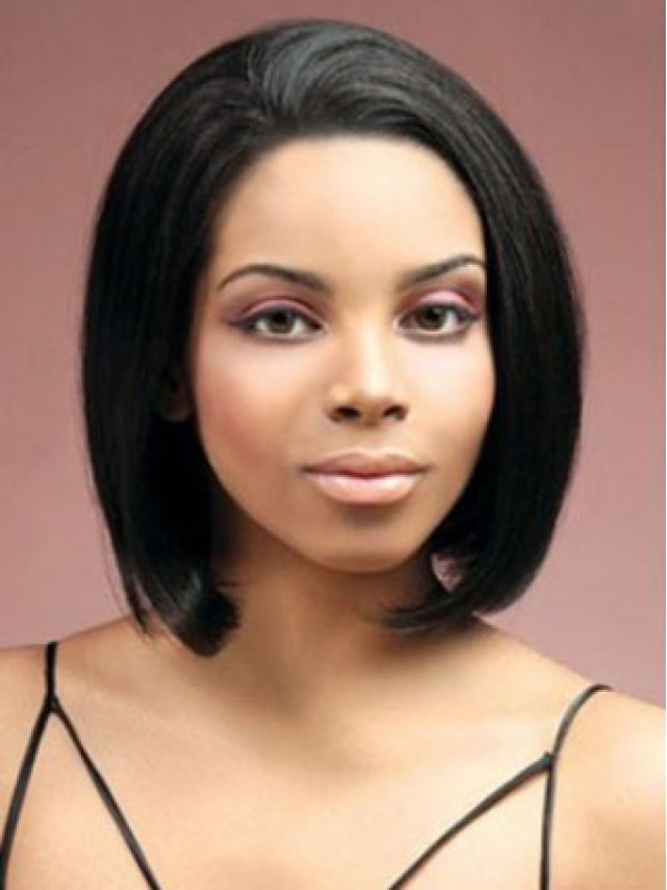 Bob Style Lace Front Black Straight Short Human Hair Wigs With Side Bangs 12 Inches