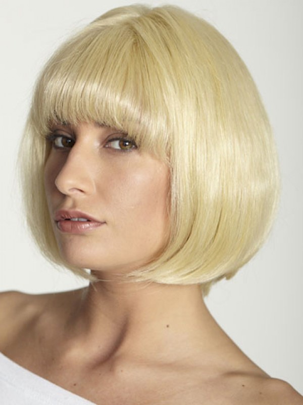 Bob Style Blonde Straight Short Human Hair Full Lace Wigs With Bangs 10 Inches