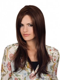 Long Lace Front Brown Straight Human Hair Wigs With Side Bangs 24 Inches