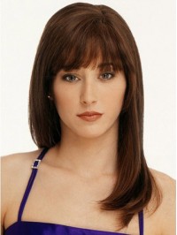 Monofilament Brown Straight Long Remy Human Wigs With Bangs 16 Inches