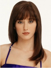 Monofilament Brown Straight Long Remy Human Wigs With Bangs 16 Inches