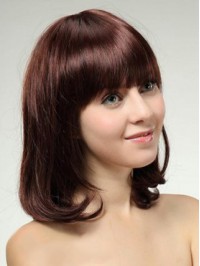 Medium Straight Capless Human Hair Wigs With Bangs 14 Inches