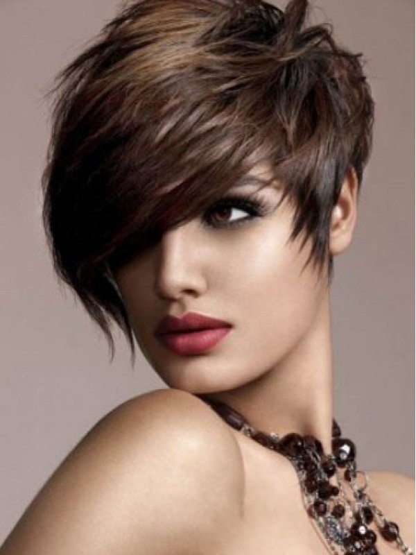 Brown Straight Short Capless Human Hair Wigs With Bangs 8 Inches