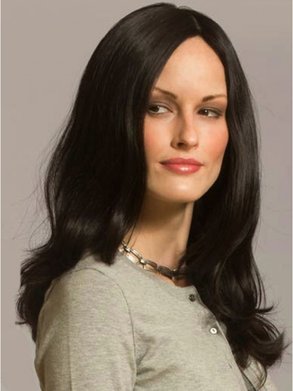 Central Parting Long Wavy Black Human Hair Capless Wigs 20 Inches