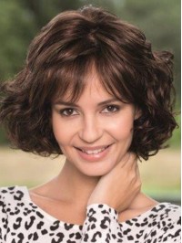 Bob Style Brown Wavy Remy Human Lace Front Wigs With Bangs 12 Inches