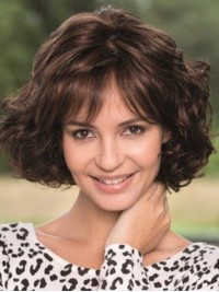 Bob Style Brown Wavy Remy Human Lace Front Wigs With Bangs 12 Inches