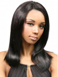 Long Black Straight Lace Front Human Hair Wigs With Side Bangs 16 Inches