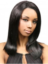 Long Black Straight Lace Front Human Hair Wigs With Side Bangs 16 Inches