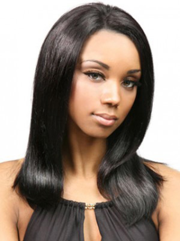 Long Black Straight Lace Front Human Hair Wigs With Side Bangs 16 Inches