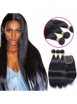 3 Bundles Human Hair Extensions 4x4 Lace Free Part...